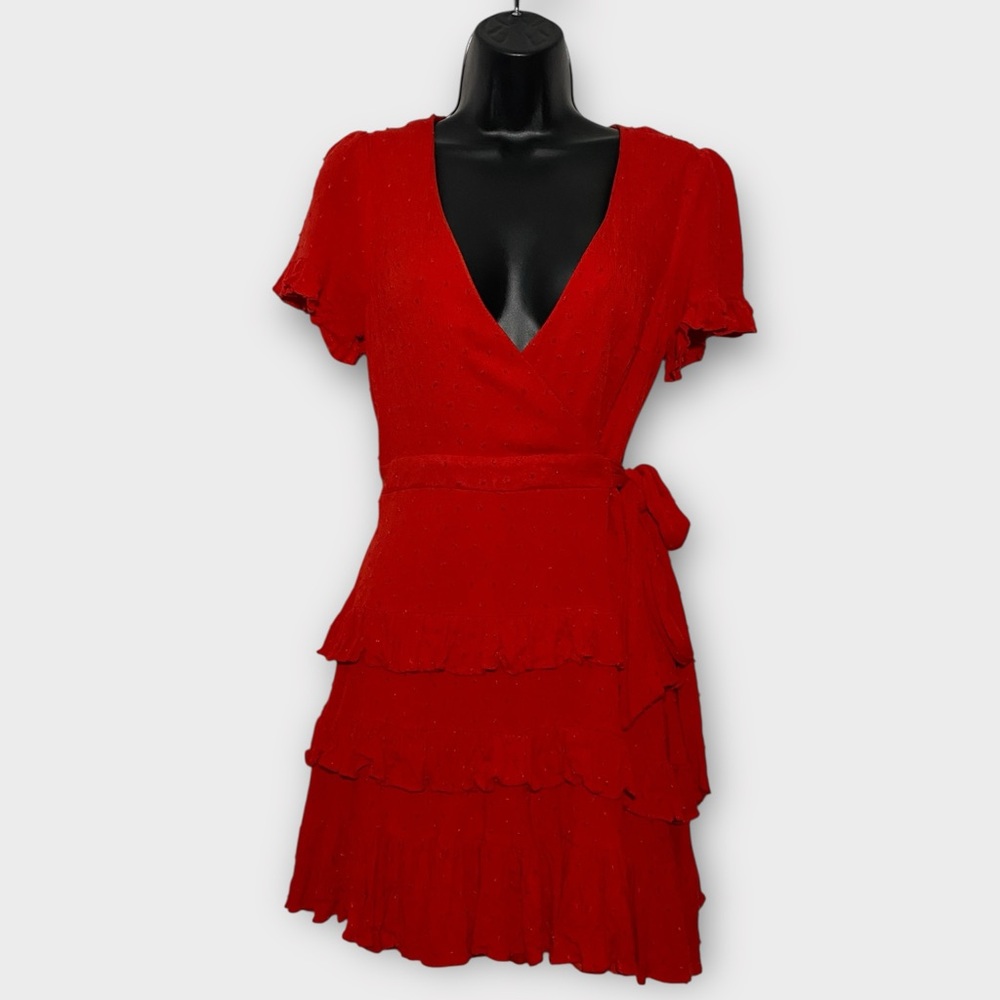 Lulus Call Me Cute Red Swiss Dot Tiered Faux Wrap Mini Dress Size Medium